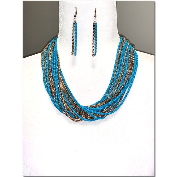 Turquoise Blue & Gold Multistrand Beaded Fashion Necklace & Earring Set EUC - Picture 3 of 6